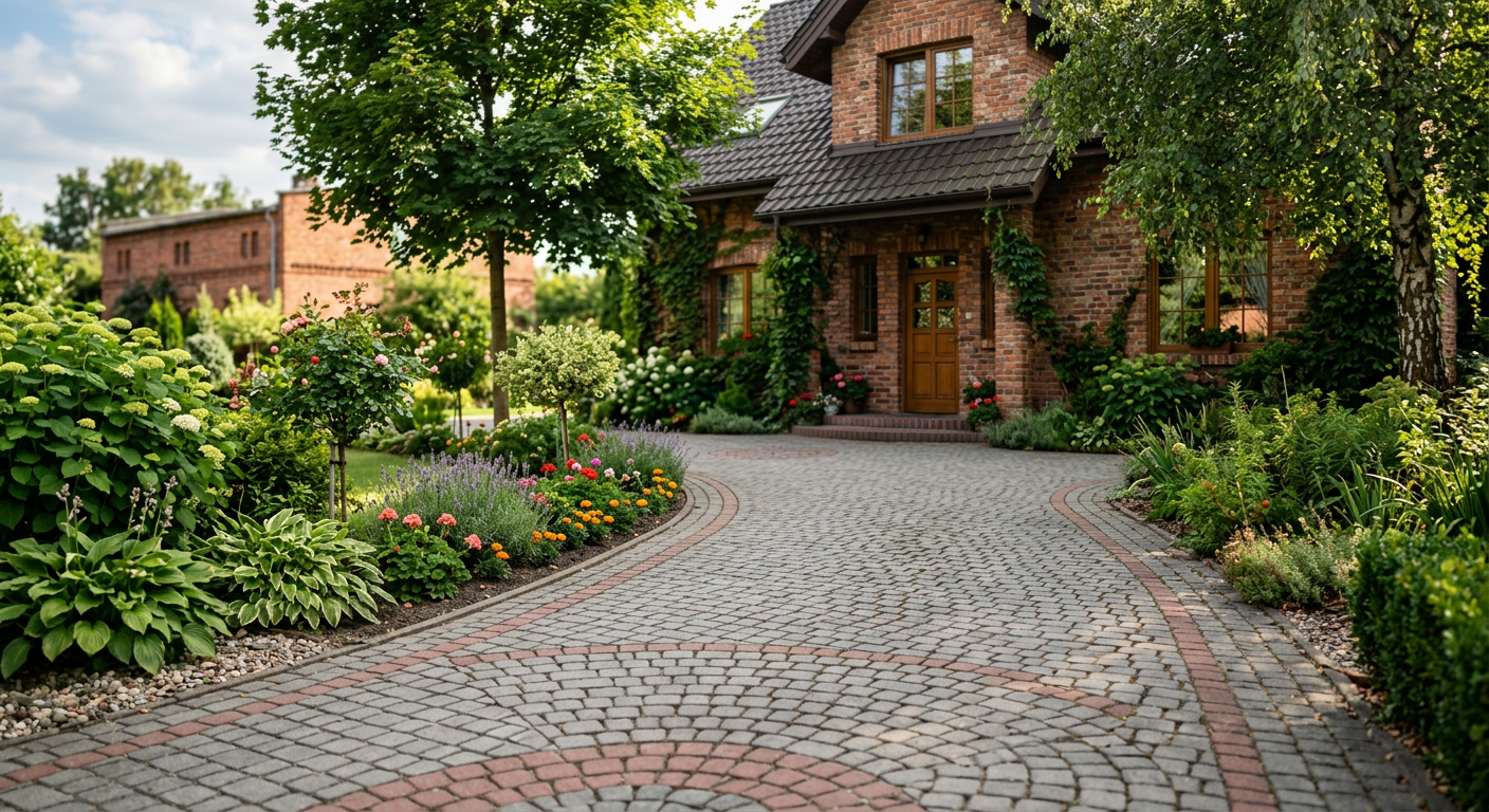 The image displays a modern patio area featuring both large terrace slabs and smaller paving stones, surrounded by lush greenery and a wooden fence.