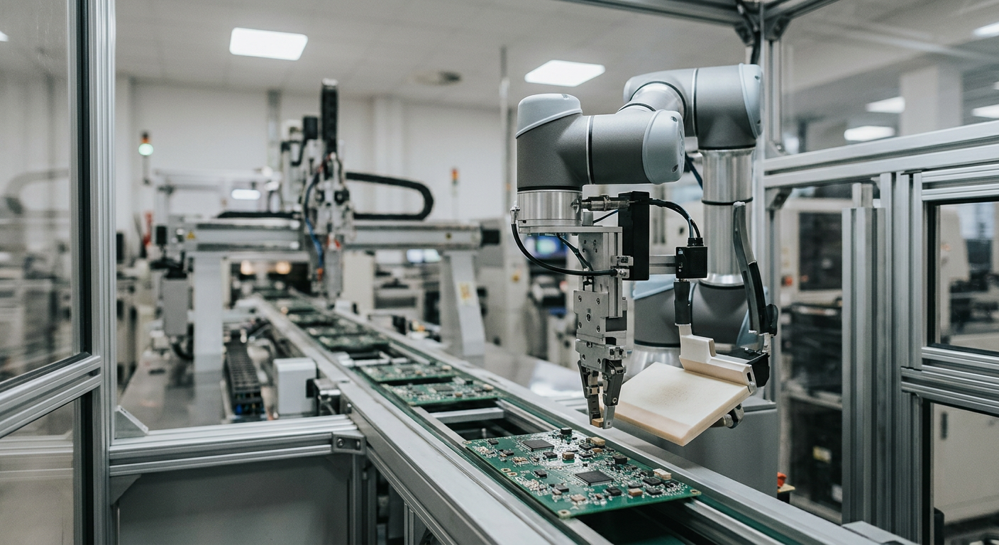 The image shows a detailed close-up of a circuit board with various electronic components, suggesting an intricate manufacturing process.