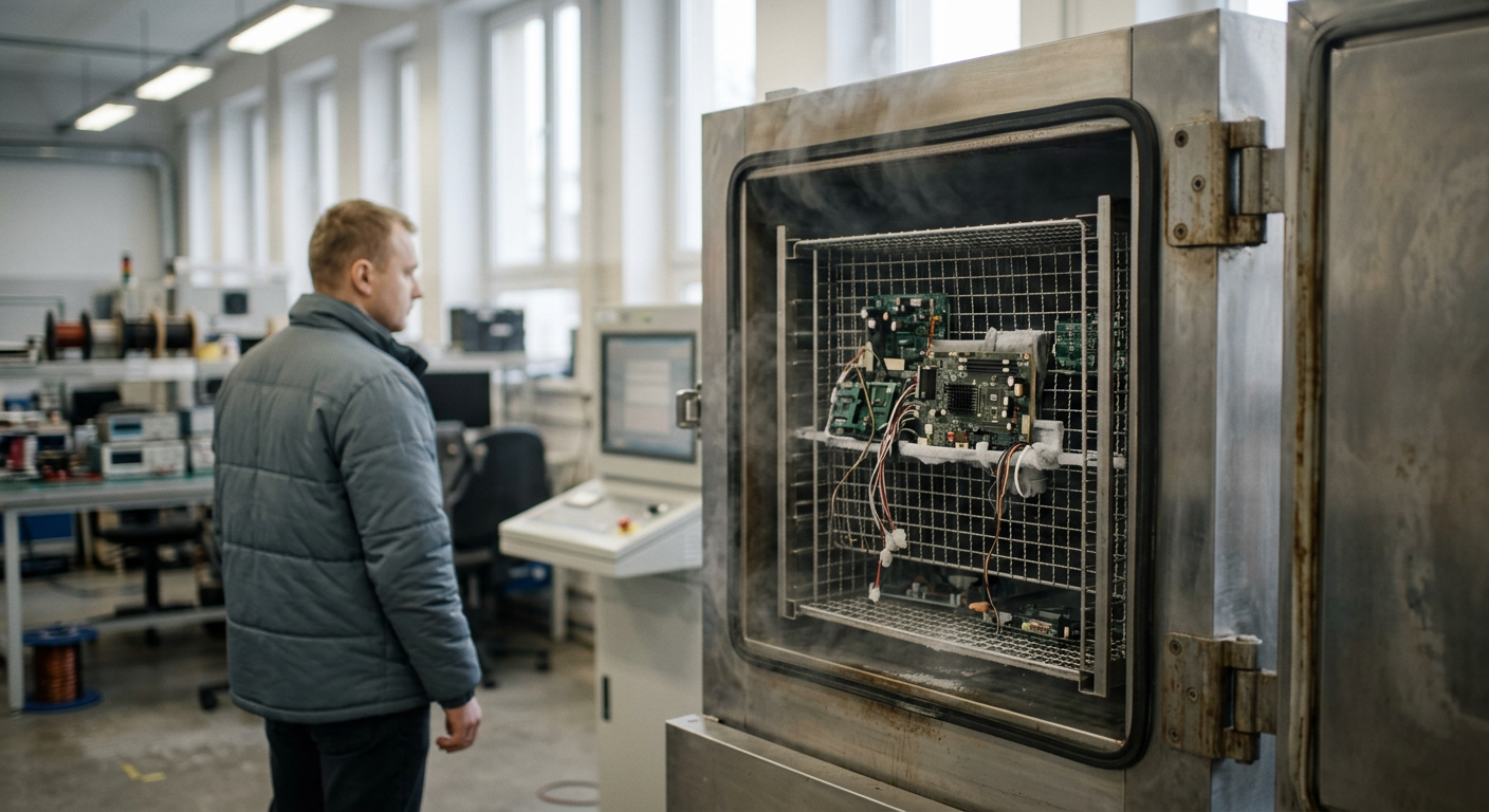 The image displays a detailed, close-up view of a circuit board with various electronic components, suggesting an intricate manufacturing process.
