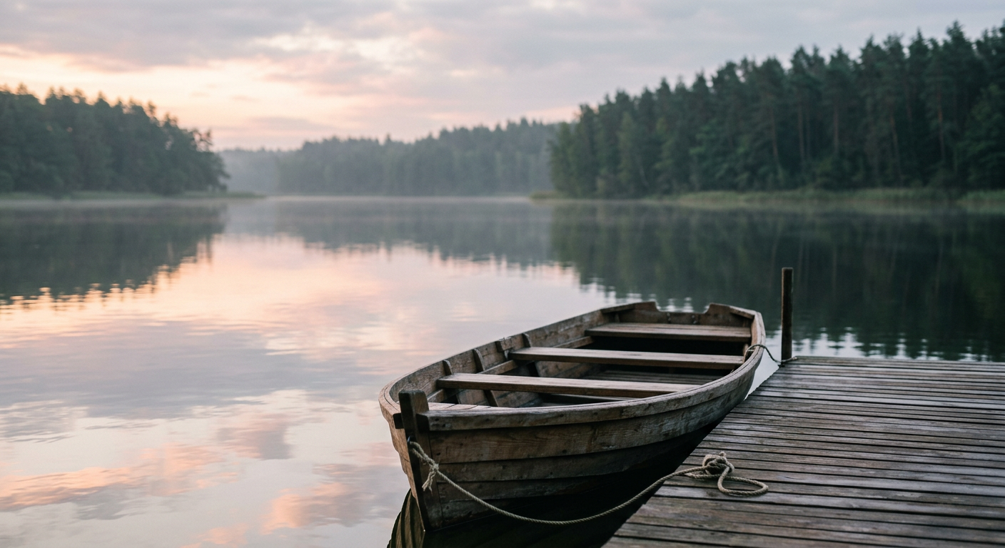 A serene, misty morning scene shows a calm lake surrounded by lush green trees, with a small boat gently floating on the water.