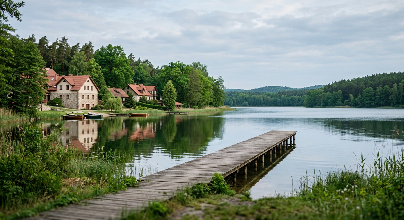 A serene, misty morning scene shows a calm lake surrounded by lush green trees, with a small boat gently floating on the water.