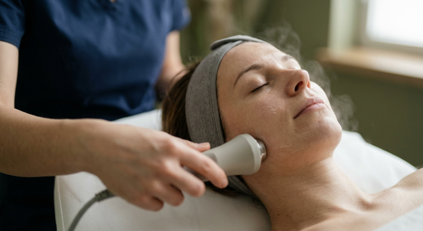 A person is enjoying a relaxing spa treatment with their eyes closed, surrounded by soft lighting and a serene atmosphere.