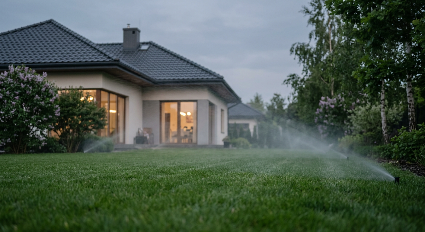 The image shows a lush green garden with a sprinkler system actively watering the plants, featuring a well-maintained lawn and various shrubs under a bright sky.
