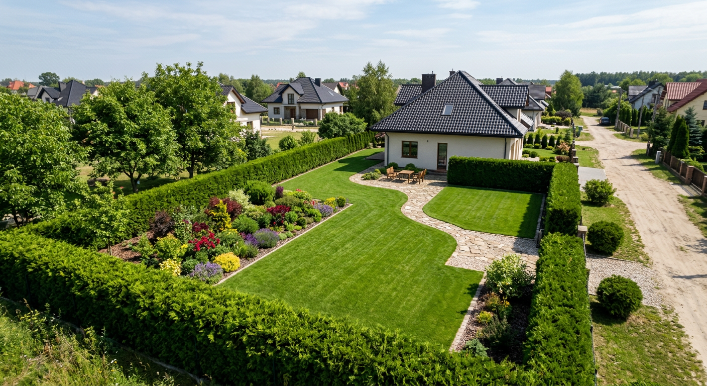 The image shows a lush green garden with a sprinkler system actively watering the plants, featuring a well-maintained lawn and various garden elements.