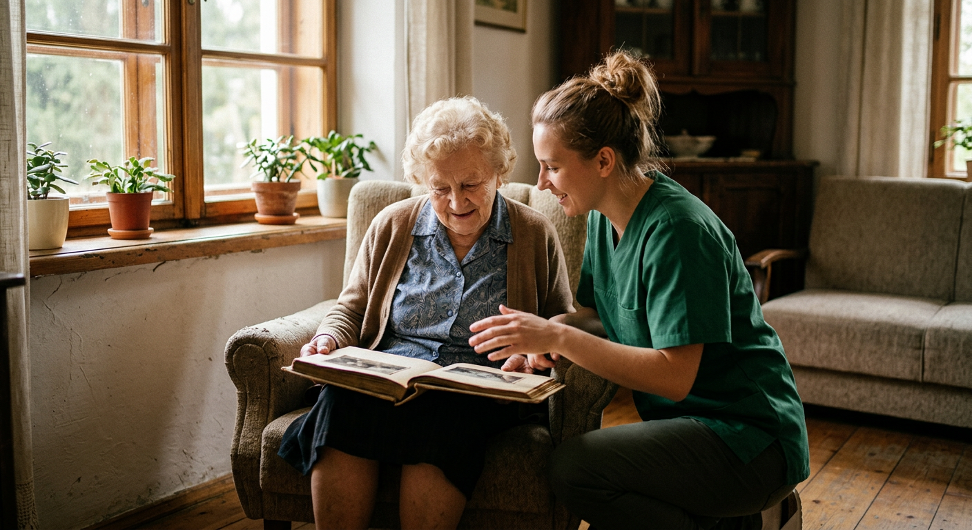 An elderly woman is sitting comfortably in a bright, modern room, looking out a window at a green landscape.