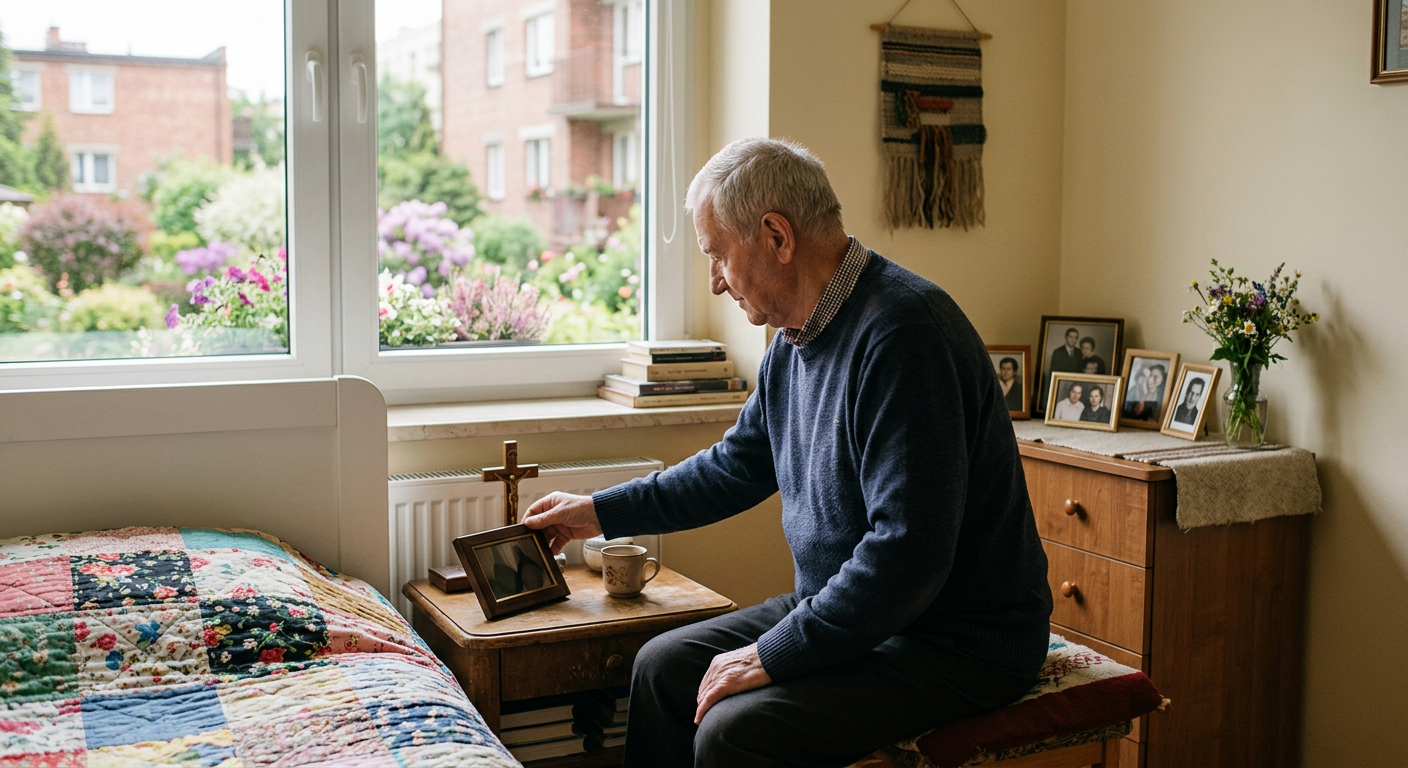 An elderly woman is sitting comfortably in a bright, modern room, looking out a window.