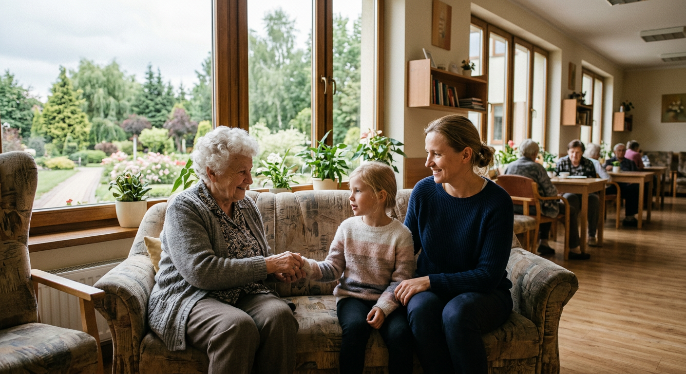 An elderly woman with a gentle smile is sitting in a bright, modern room, looking out a window at a lush green garden.