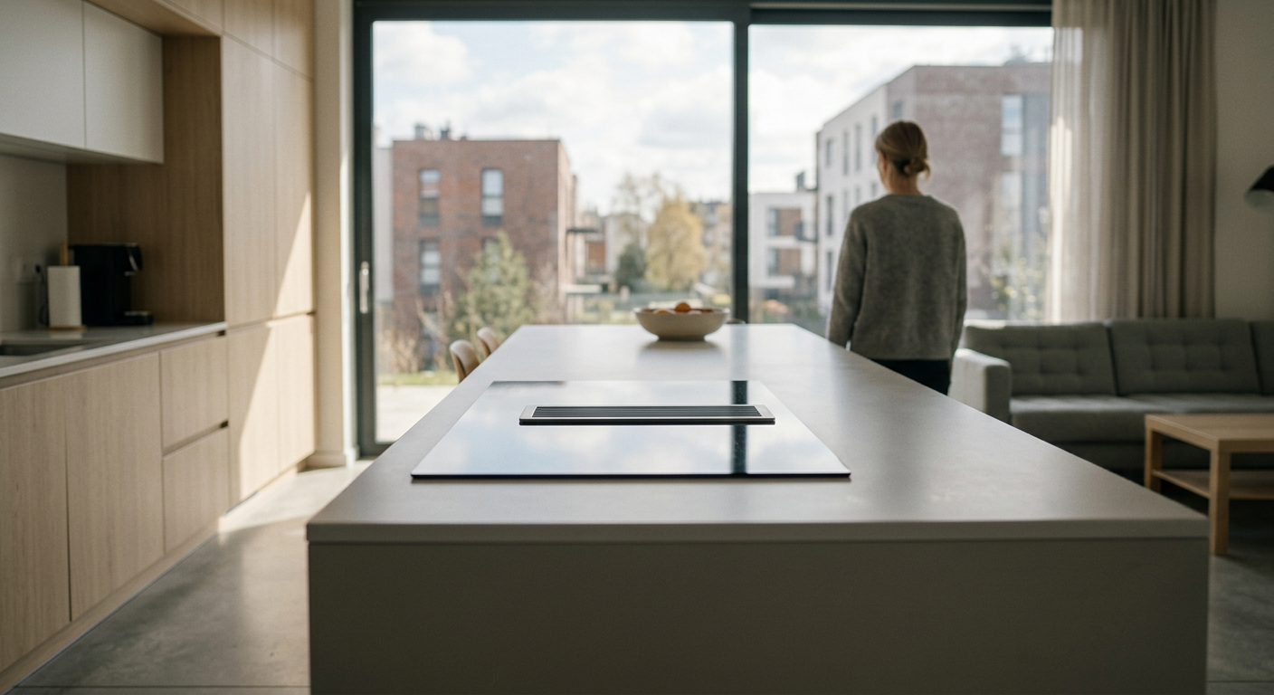 A modern kitchen with a&nbsp;sleek, dark countertop and a&nbsp;built-in Bora-style cooktop with an integrated extractor fan, showcasing a&nbsp;minimalist design.