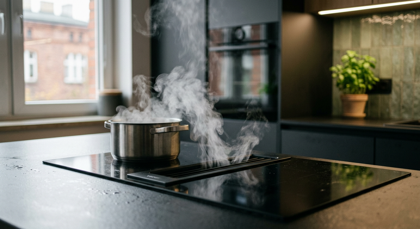 A modern kitchen with sleek, dark cabinetry, a&nbsp;light countertop, and a&nbsp;built-in Bora cooktop with an integrated extractor fan, showcasing a&nbsp;minimalist and functional design.