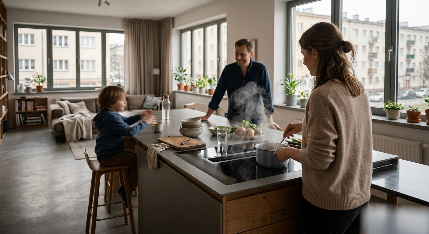 A modern kitchen with a&nbsp;sleek, dark countertop and a&nbsp;built-in cooktop with an integrated extractor fan, showcasing a&nbsp;minimalist design.