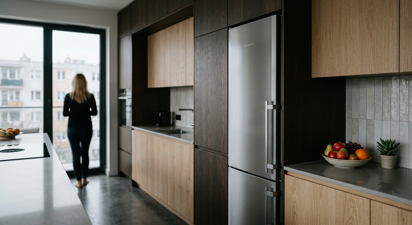 A modern kitchen interior features a&nbsp;built-in Liebherr refrigerator with a&nbsp;sleek design, blending seamlessly with the surrounding cabinetry.