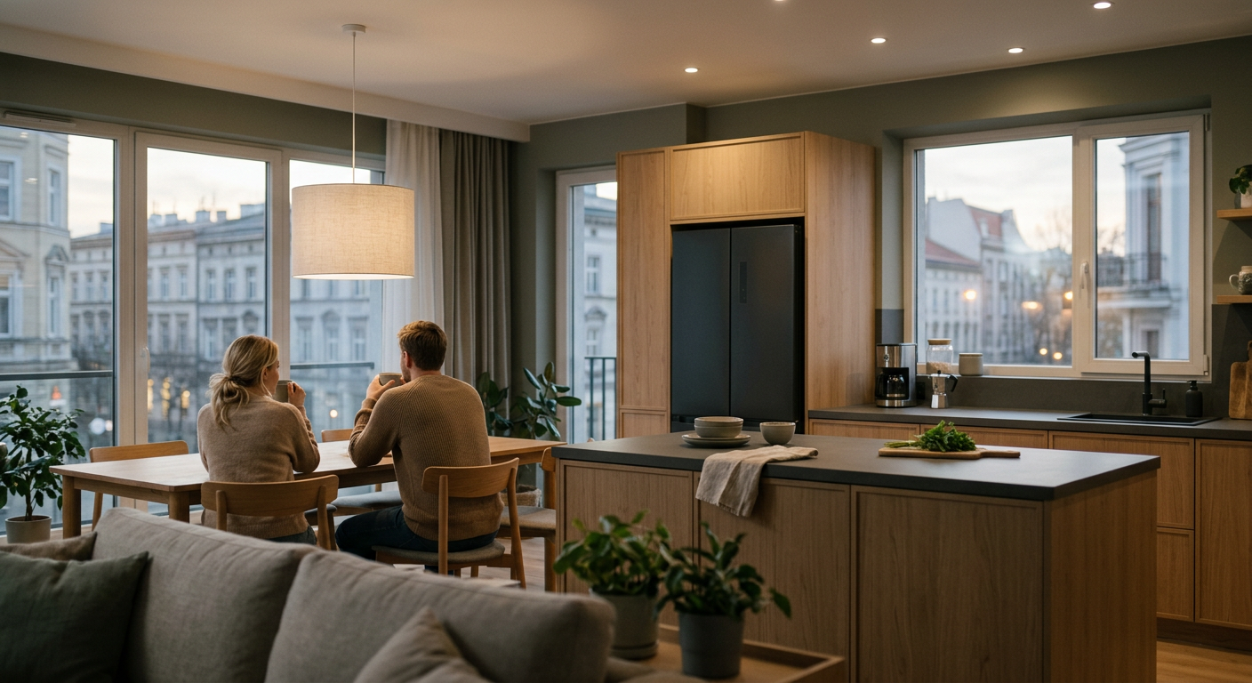 A modern kitchen interior features a&nbsp;built-in Liebherr refrigerator with a&nbsp;sleek design, blending seamlessly with the cabinetry.
