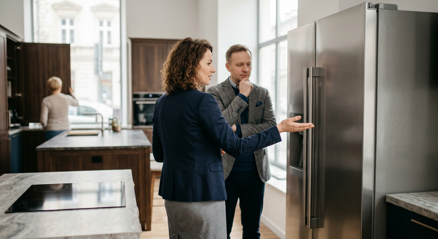 A modern kitchen interior features a&nbsp;built-in Liebherr refrigerator, showcasing its sleek design and integration into the space.