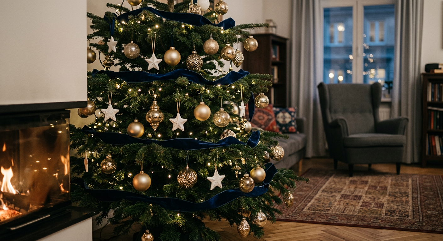 A beautifully decorated Christmas tree with golden and white ornaments, surrounded by wrapped gifts, creating a luxurious and festive atmosphere.