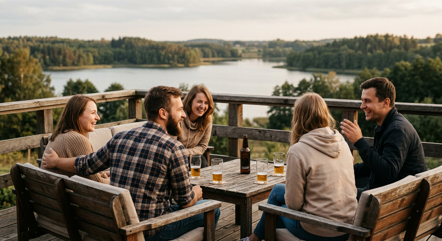 A group of friends is enjoying a sunny day by a lake, with a cozy wooden cabin visible in the background, suggesting a perfect getaway.