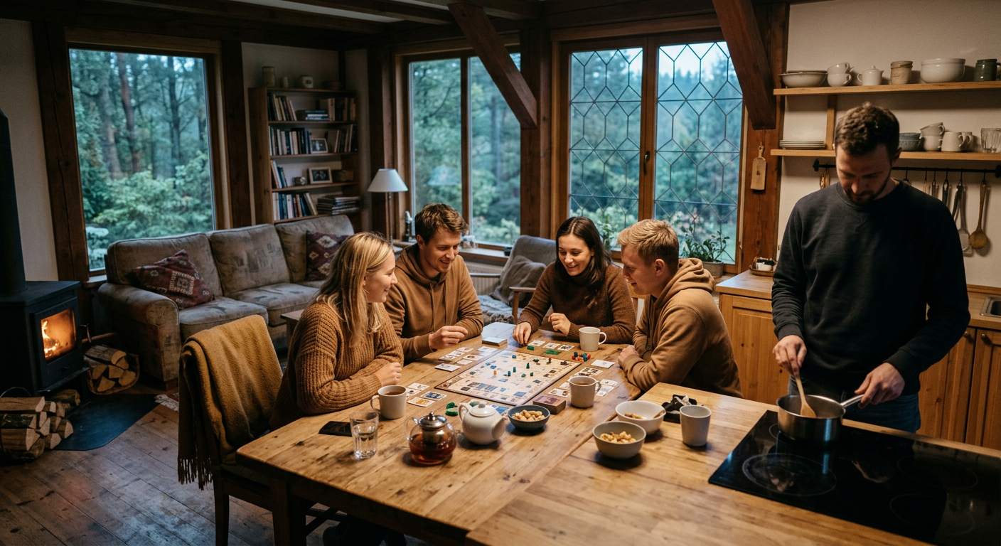 A group of friends is enjoying a sunny day by a lake, with a cozy wooden cabin visible in the background, suggesting a perfect getaway.