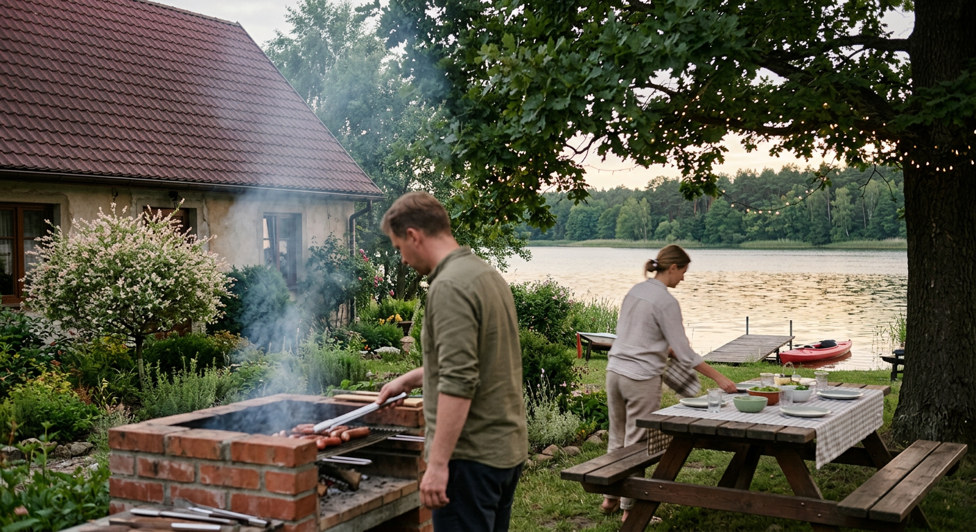 A group of friends is enjoying a sunny day by a lake, with a cozy wooden cabin visible in the background, suggesting a perfect getaway.