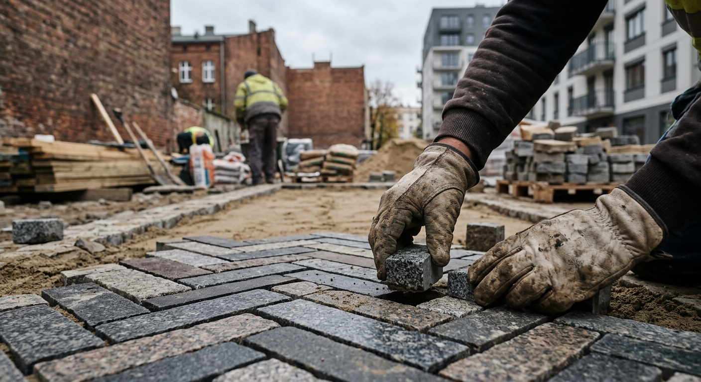 A close-up shot shows a person's hands meticulously placing a paver stone into a prepared bed of sand, with other pavers already laid in the background.