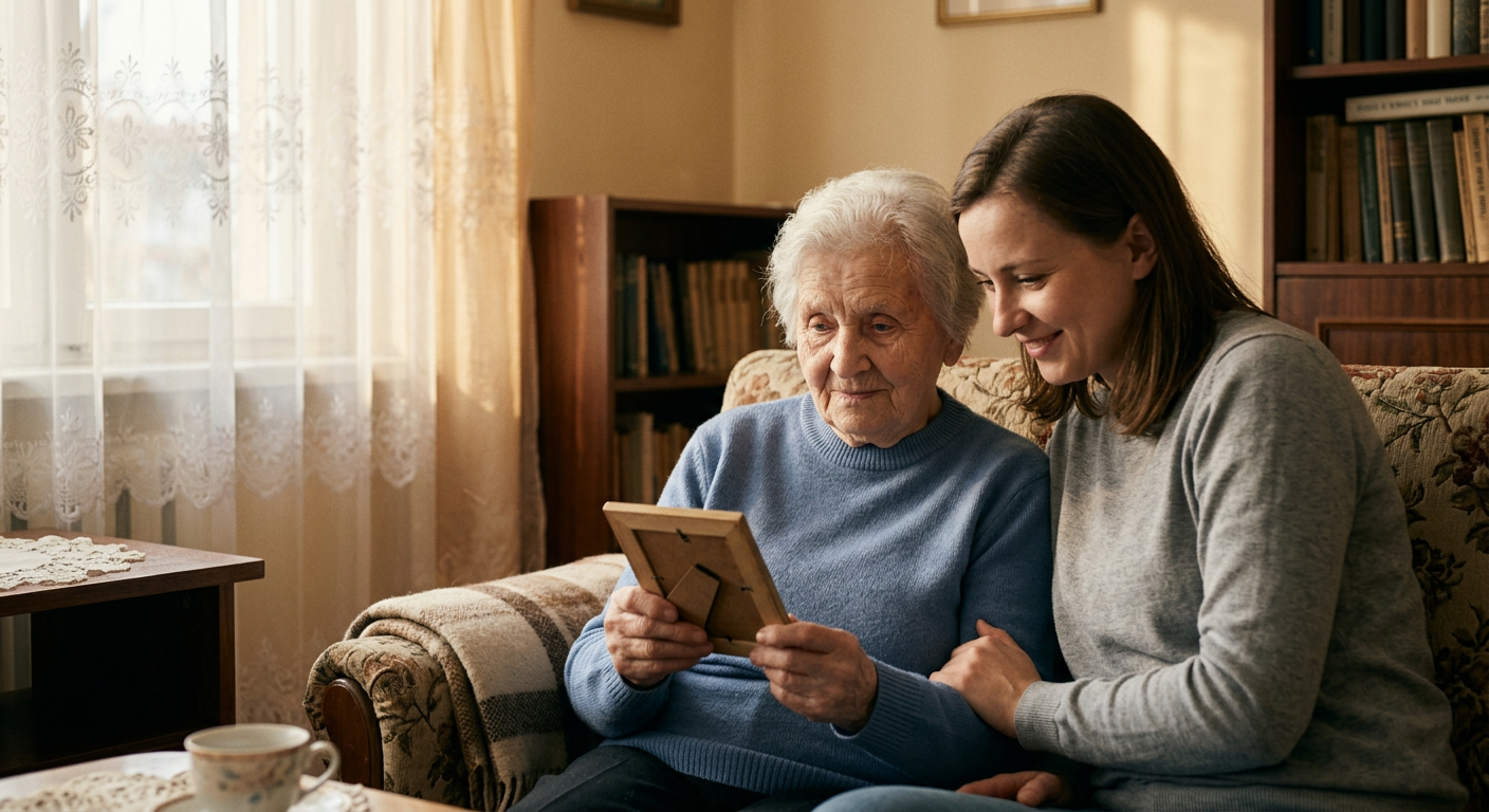 The image shows an elderly woman in a wheelchair being assisted by a man, possibly a caregiver, in a modern, bright interior setting.