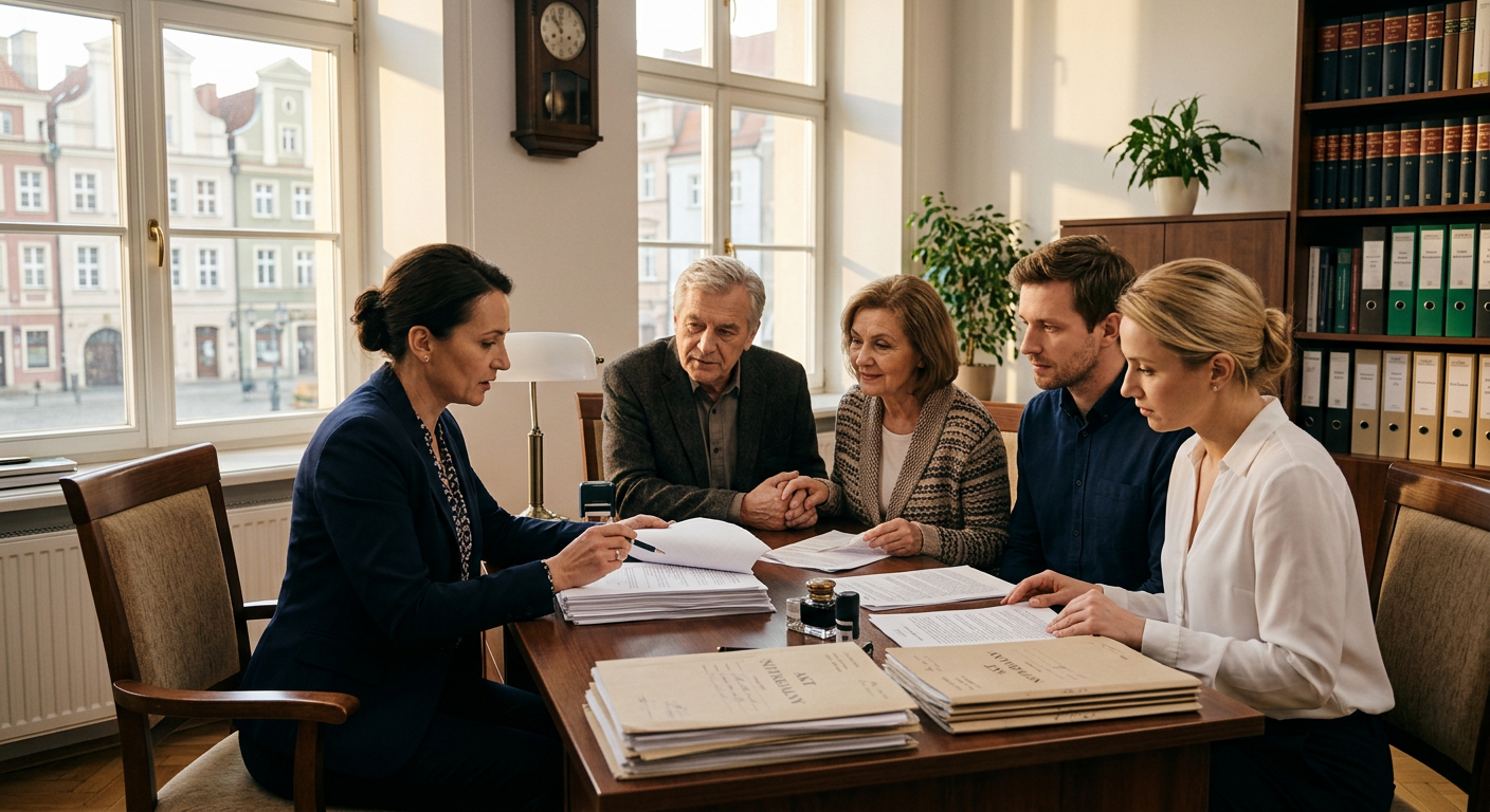 Dwie pary, starsza i młodsza, siedzą przy drewnianym stole w jasnym biurze notarialnym. Notariusz w profesjonalnym stroju wyjaśnia dokumenty rozłożone na stole, a pary uważnie słuchają.