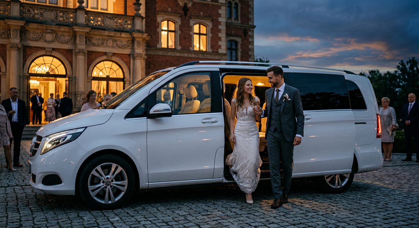 Luksusowy biały van Mercedes-Benz V-Class stoi zaparkowany przed okazałym, zabytkowym miejscem ślubnym o zmierzchu. Wnętrze vana jest delikatnie oświetlone, a elegancko ubrana para wysiada z uśmiechem. Budynek za nimi ma ozdobną architekturę i ciepłe, zachęcające światła w oknach.