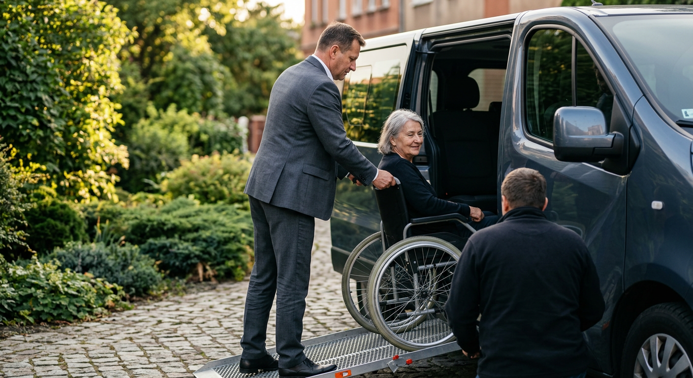 Profesjonalny kierowca w ciemnym garniturze stoi przy otwartych drzwiach czystego, ciemnego busa Renault Trafic, pomagając gościowi na wózku inwalidzkim wejść na pokład za pomocą wbudowanej rampy. Bus jest zaparkowany na utwardzonym podjeździe z bujnym zielonym ogrodem w tle, pod czystym błękitnym niebem.