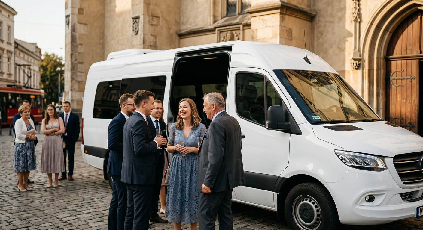 Kilku elegancko ubranych gości weselnych gromadzi się wokół eleganckiego, nowoczesnego białego 9-osobowego busa pasażerskiego zaparkowanego przed kościołem. Śmieją się i rozmawiają, przygotowując się do wejścia, z kamienną fasadą kościoła widoczną w tle pod jasnym, słonecznym niebem.