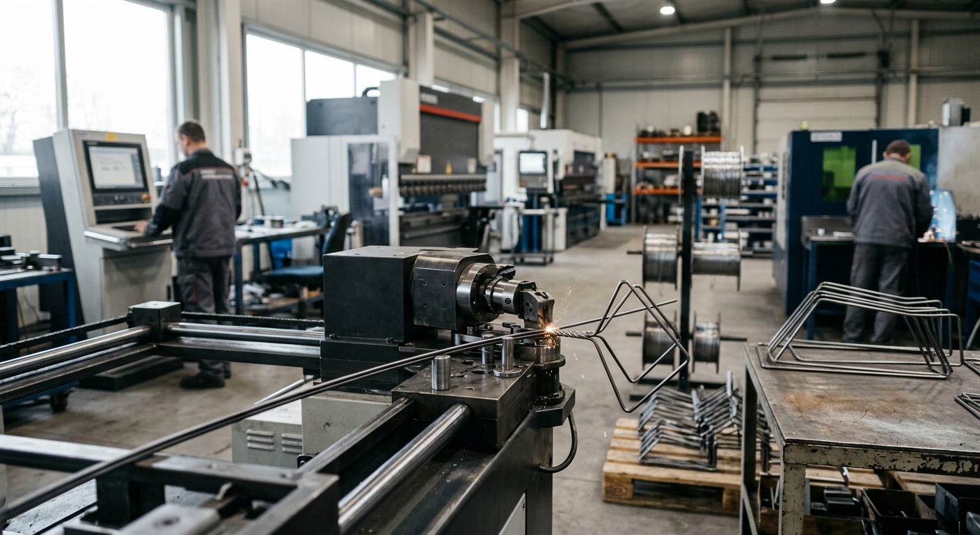 A person is working on a wireframe structure, possibly for a display rack, in a workshop setting.