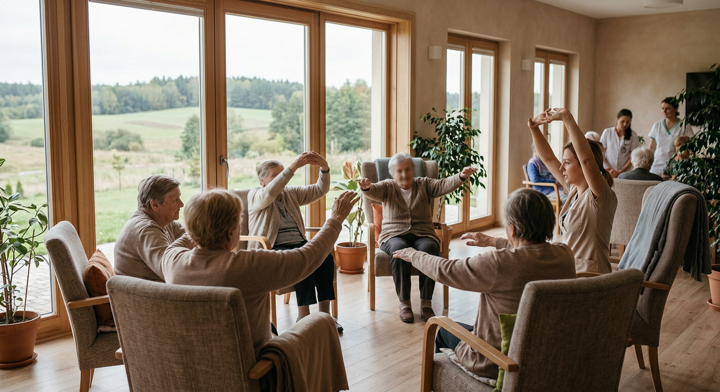 The image shows an elderly woman with a thoughtful expression, holding a cup, in a soft-focus indoor setting.