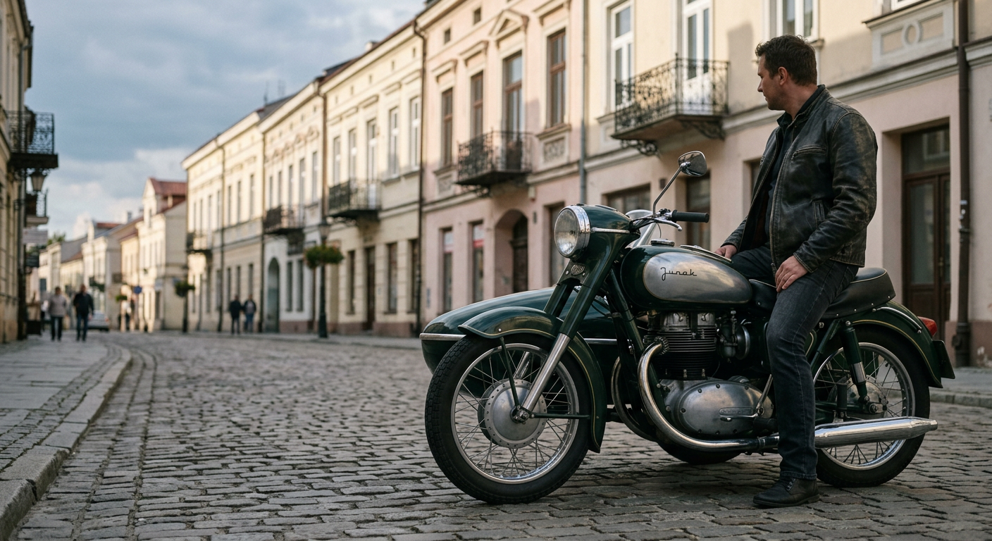 A vintage Junak motorcycle is parked on a cobblestone street in front of an old building, evoking a historical Polish setting.