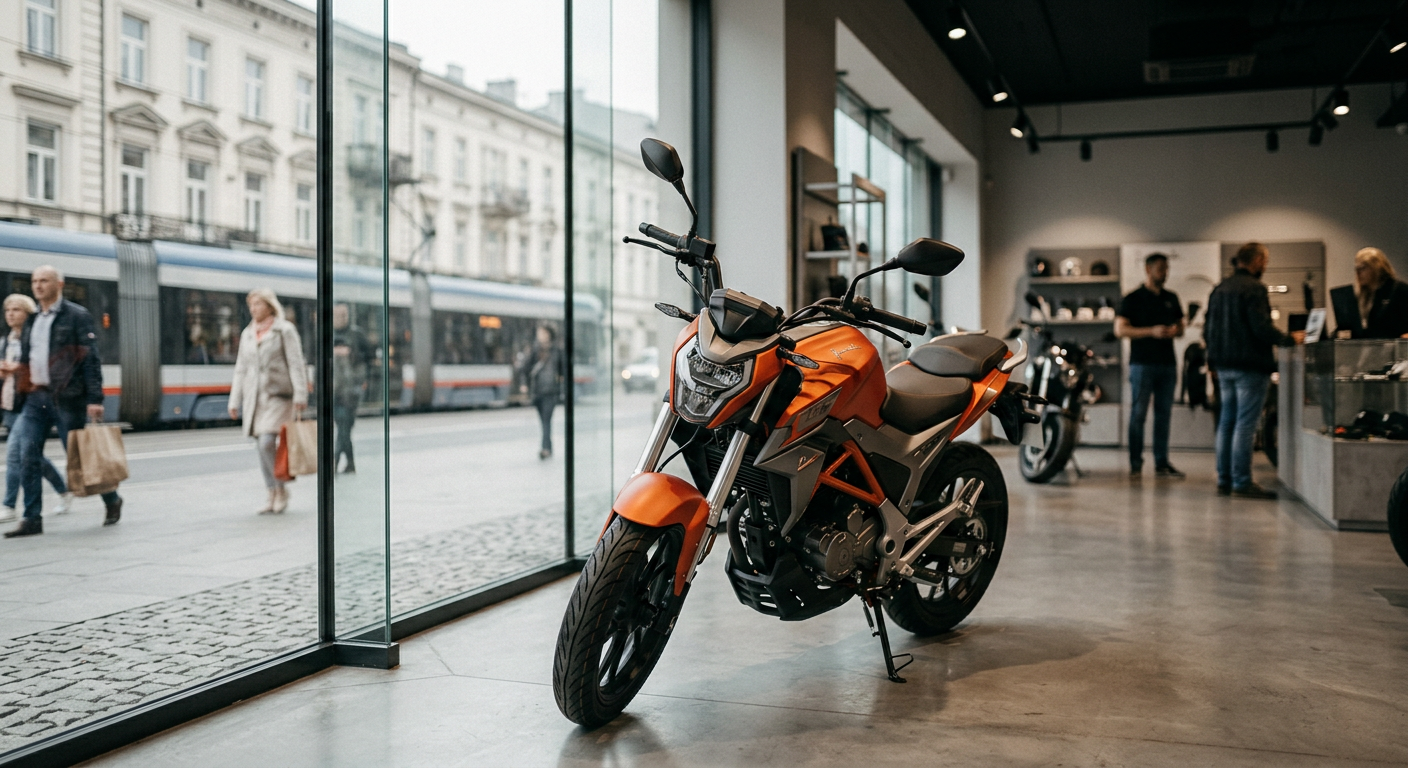 A vintage Junak motorcycle is parked on a cobblestone street in front of an old building, evoking a historical Polish setting.
