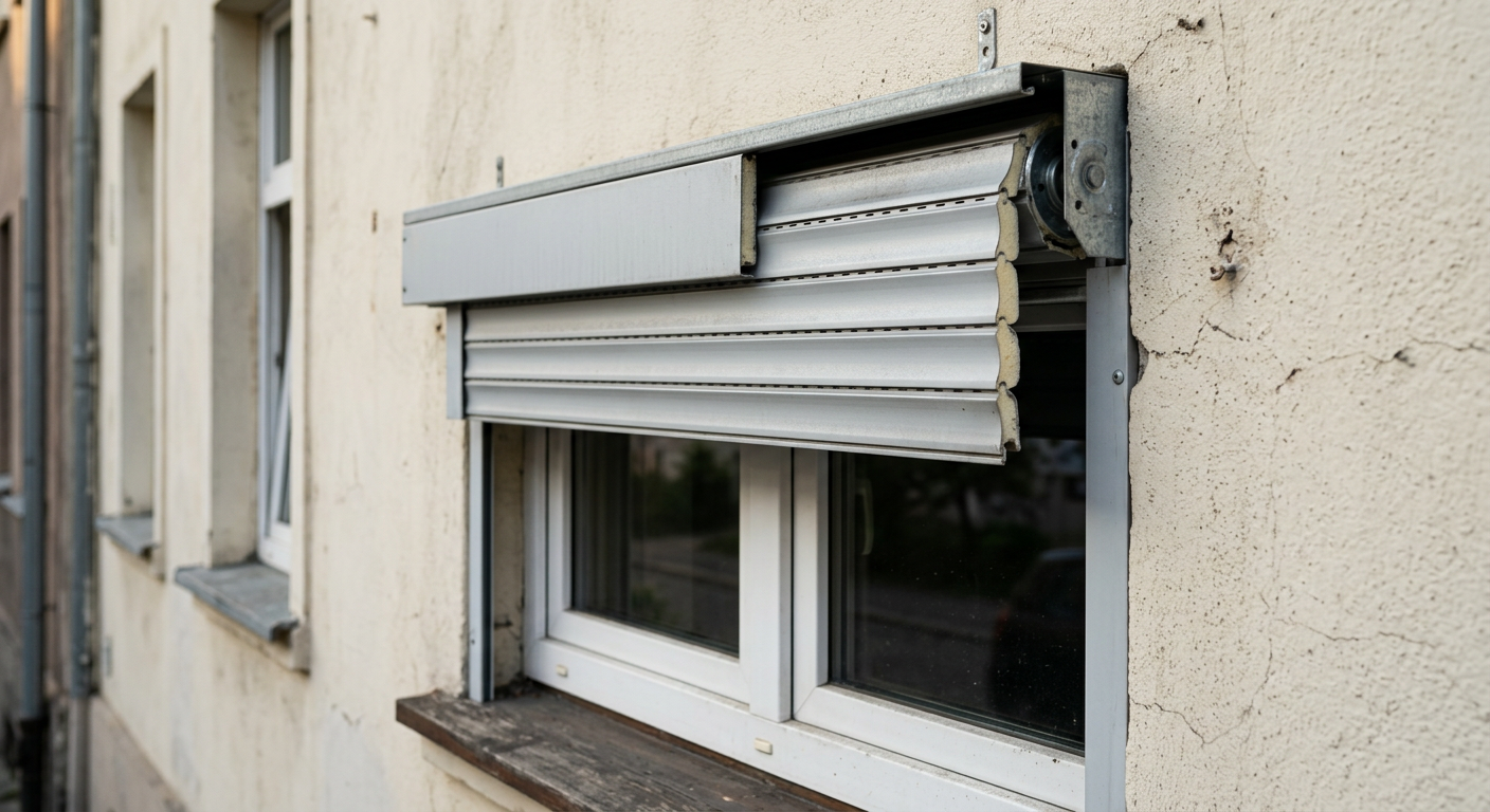 Zbliżenie na częściowo podniesioną roletę fasadową na jasnym budynku. Pojedyncze aluminiowe lamele, wypełnione pianką poliuretanową, są wyraźnie widoczne, gdy chowają się w dyskretnej kasecie górnej. Boczne prowadnice są płynnie zintegrowane z ramą okienną, ukazując działające elementy mechaniczne.