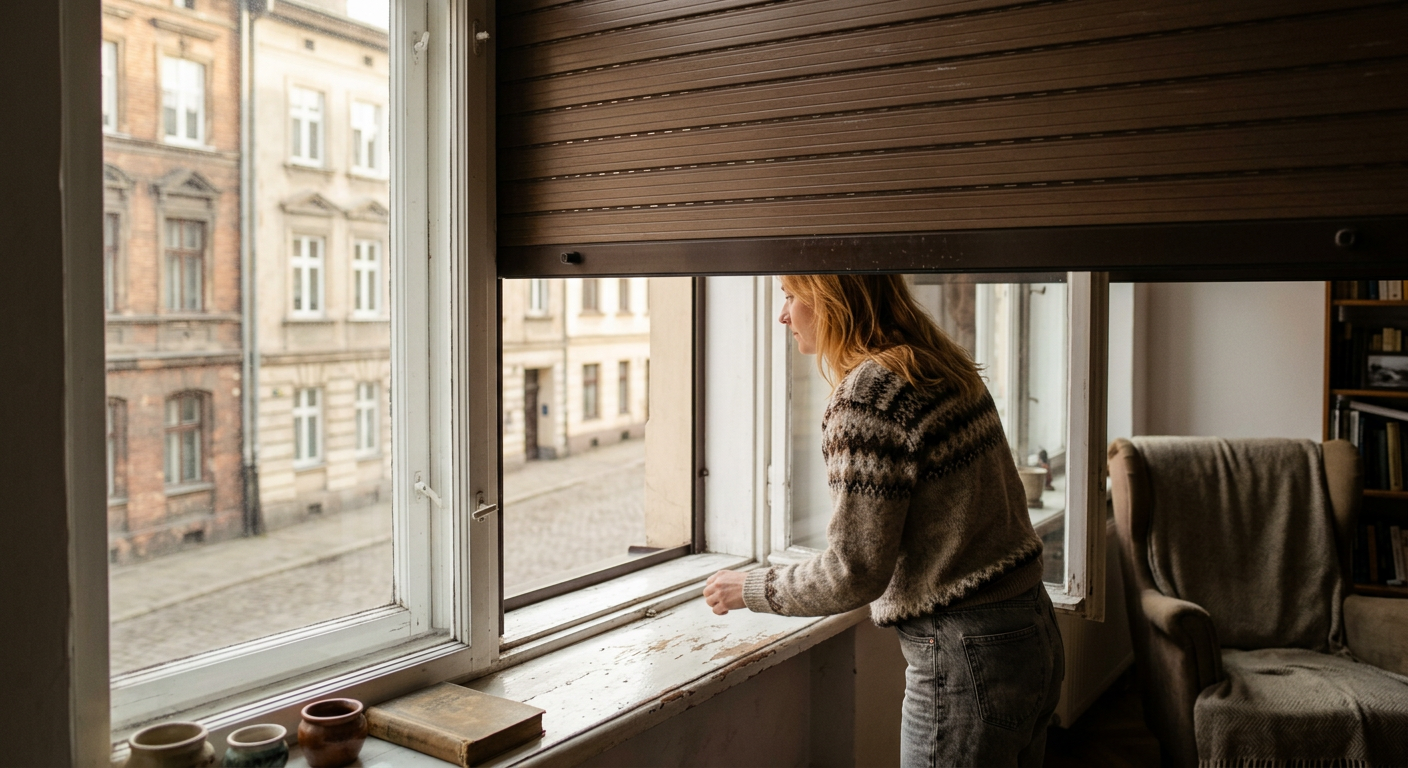 Widok z wnętrza przez okno wyposażone w roletę fasadową, która jest w połowie opuszczona. Światło słoneczne na zewnątrz jest znacznie przyciemnione, tworząc chłodną, zacienioną atmosferę w pomieszczeniu. Widoczna jest rama okna i fragment wnętrza pokoju, podkreślając komfort zapewniany przez zewnętrzną barierę.