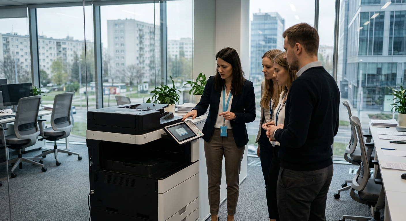 A woman is looking at a small desktop printer next to a larger, more industrial printer in a modern office setting.