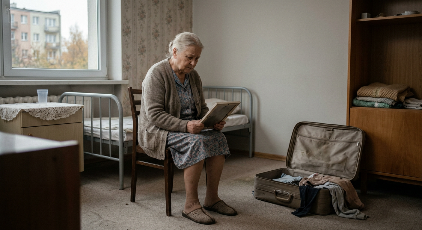 An elderly woman with a thoughtful expression is sitting at a table, looking out a window, suggesting a moment of reflection or adjustment in a new environment.