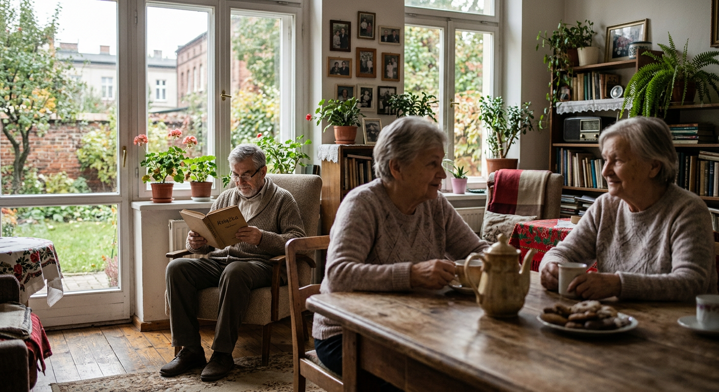 An elderly woman with a thoughtful expression is sitting alone in a bright, modern room, looking out a window.