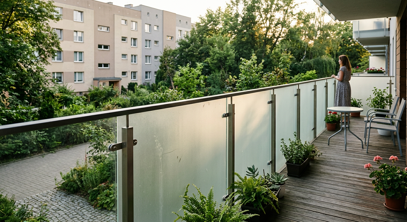 Szerokie ujęcie współczesnego tarasu zewnętrznego z elegancką, matową (piaskowaną) szklaną balustradą, która subtelnie rozprasza światło słoneczne. Na szkle widoczne są nieliczne, ledwo zauważalne smugi, co pokazuje jego zdolność do maskowania drobnych niedoskonałości. Za balustradą widać bujne zielone rośliny.