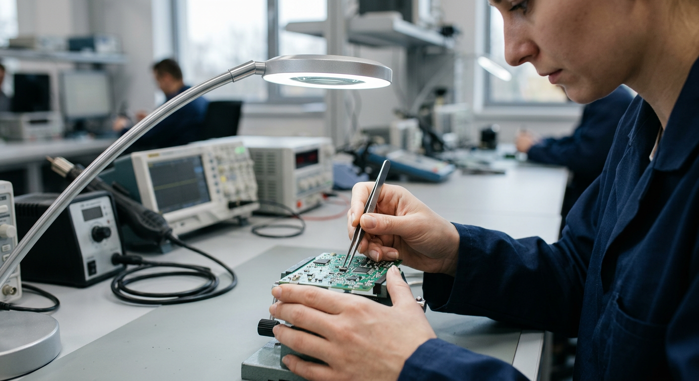 The image shows a person's hands working on a circuit board with various electronic components and tools, suggesting a technical or engineering context.