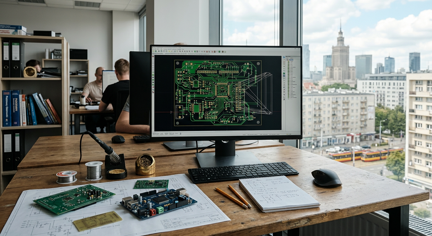 A person is shown working on a computer with a PCB design software interface, surrounded by electronic components and tools.