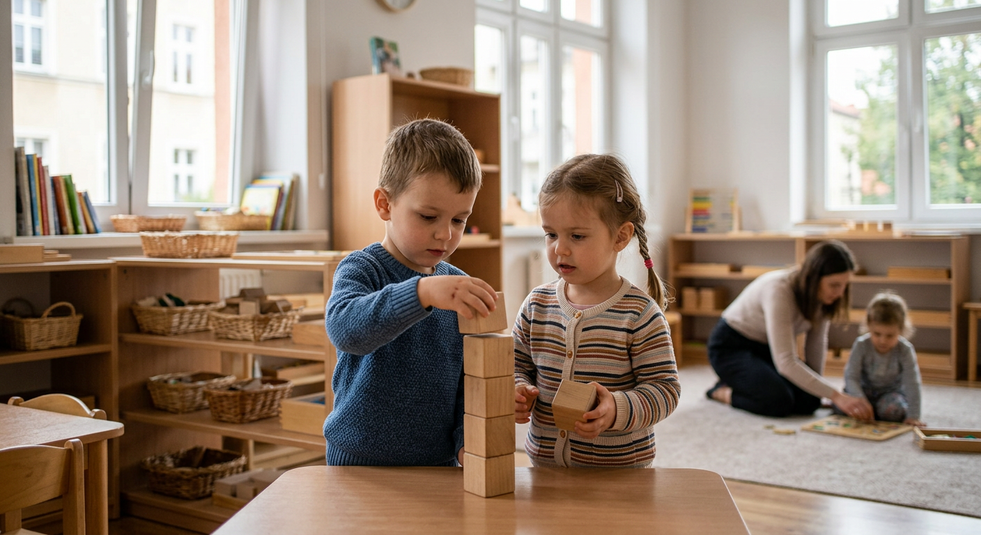 Jasna klasa przedszkolna, w której kilkoro dzieci w wieku 3-5 lat bawi się różnymi zabawkami. Jedno dziecko z lekką niepełnosprawnością układa drewniane klocki, podczas gdy inne dziecko bez niepełnosprawności obserwuje je z uwagą. W tle nauczycielka klęczy, pomagając trzeciemu dziecku w układaniu puzzli. W pomieszczeniu panuje spokojna atmosfera, a na niskich półkach znajdują się kolorowe materiały Montessori.