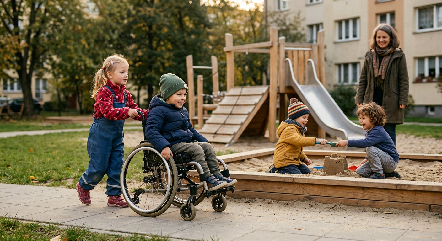 Zewnętrzny plac zabaw przedszkola, gdzie mała grupa różnorodnych dzieci bawi się razem. Jedno dziecko na wózku inwalidzkim uśmiecha się, podczas gdy inne dziecko delikatnie je popycha po utwardzonej ścieżce. W pobliżu dwoje innych dzieci buduje zamek z piasku w piaskownicy, dzieląc się narzędziami i śmiejąc. Nauczycielka obserwuje z niewielkiej odległości, uśmiechając się ciepło. Plac zabaw zawiera naturalne elementy, takie jak drewniane konstrukcje, mała zjeżdżalnia i zielona trawa pod czystym niebem.
