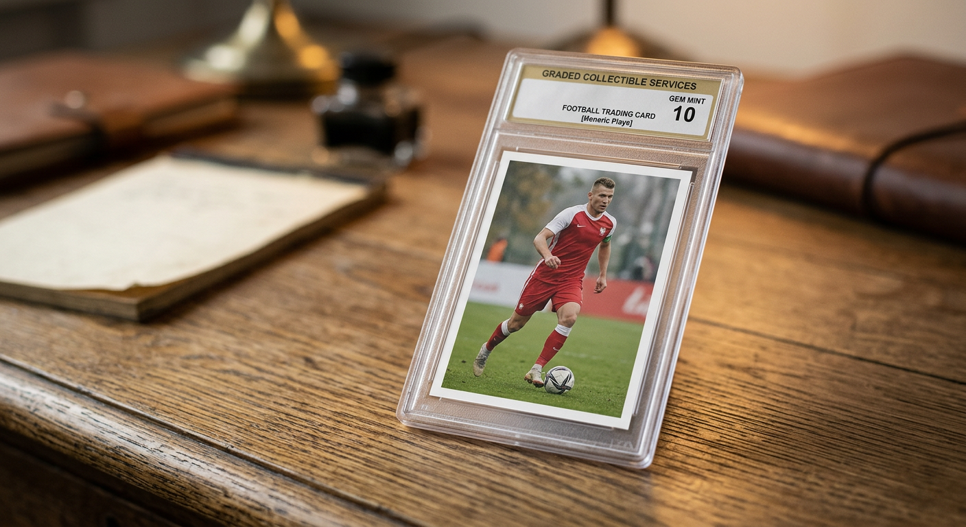 A close-up shot of several football trading cards, some in protective cases, with a blurred background suggesting a display or collection.