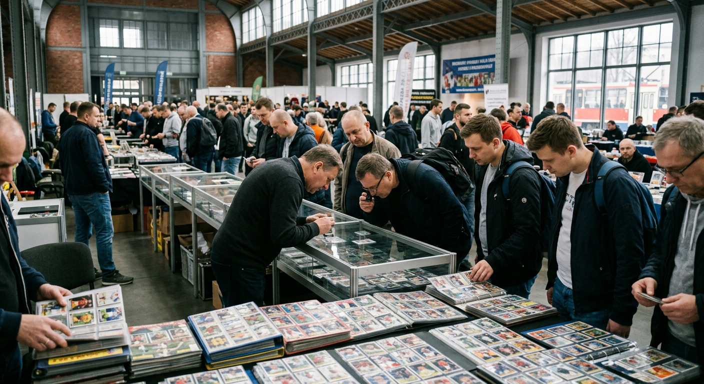 A close-up shot of several football trading cards, some stacked and some fanned out, with a blurred background suggesting a display case or table.