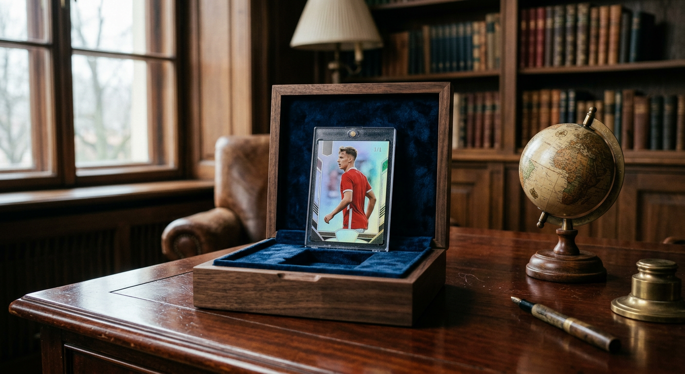 A close-up shot of several football trading cards, some stacked and some fanned out, with a blurred background suggesting a display case or collection.