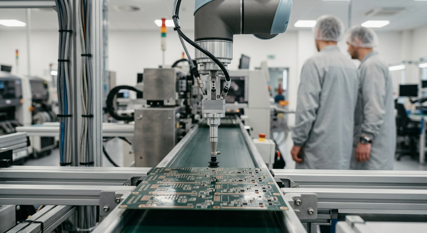 The image displays a close-up of a circuit board with various electronic components, suggesting the intricate process of Surface Mount Technology (SMT).