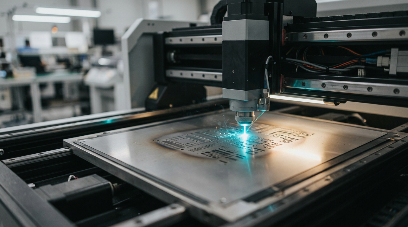 The image displays a close-up of a circuit board with various electronic components, suggesting a manufacturing or assembly process.