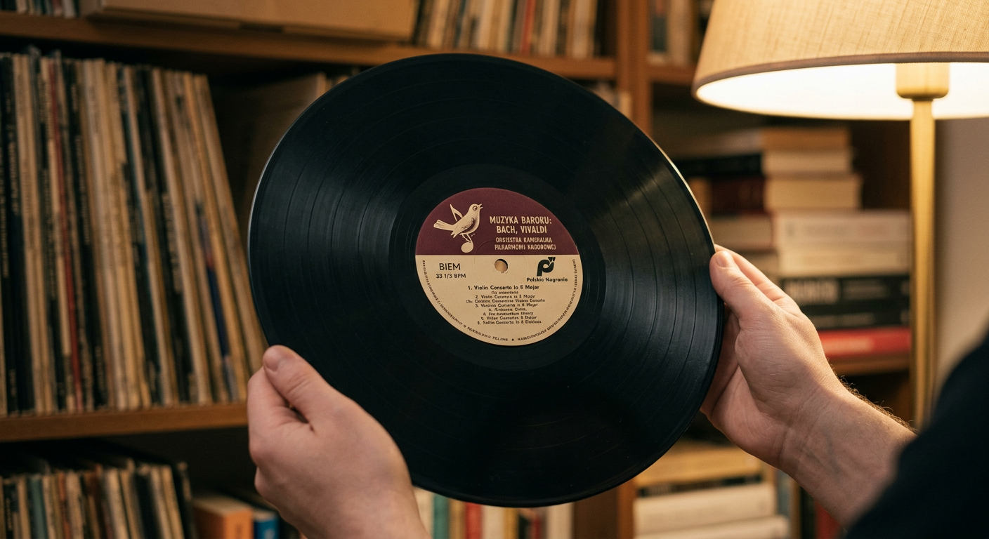 The image shows a close-up of a hand placing a vinyl record on a turntable, with a blurred background of other records.