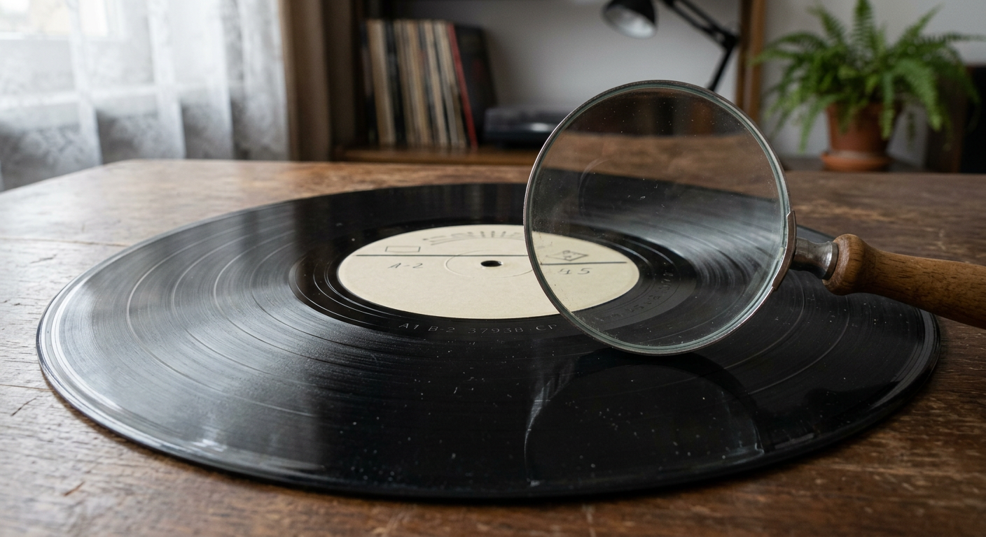 The image shows a close-up of a hand placing a vinyl record on a turntable, with a blurred background of other records.