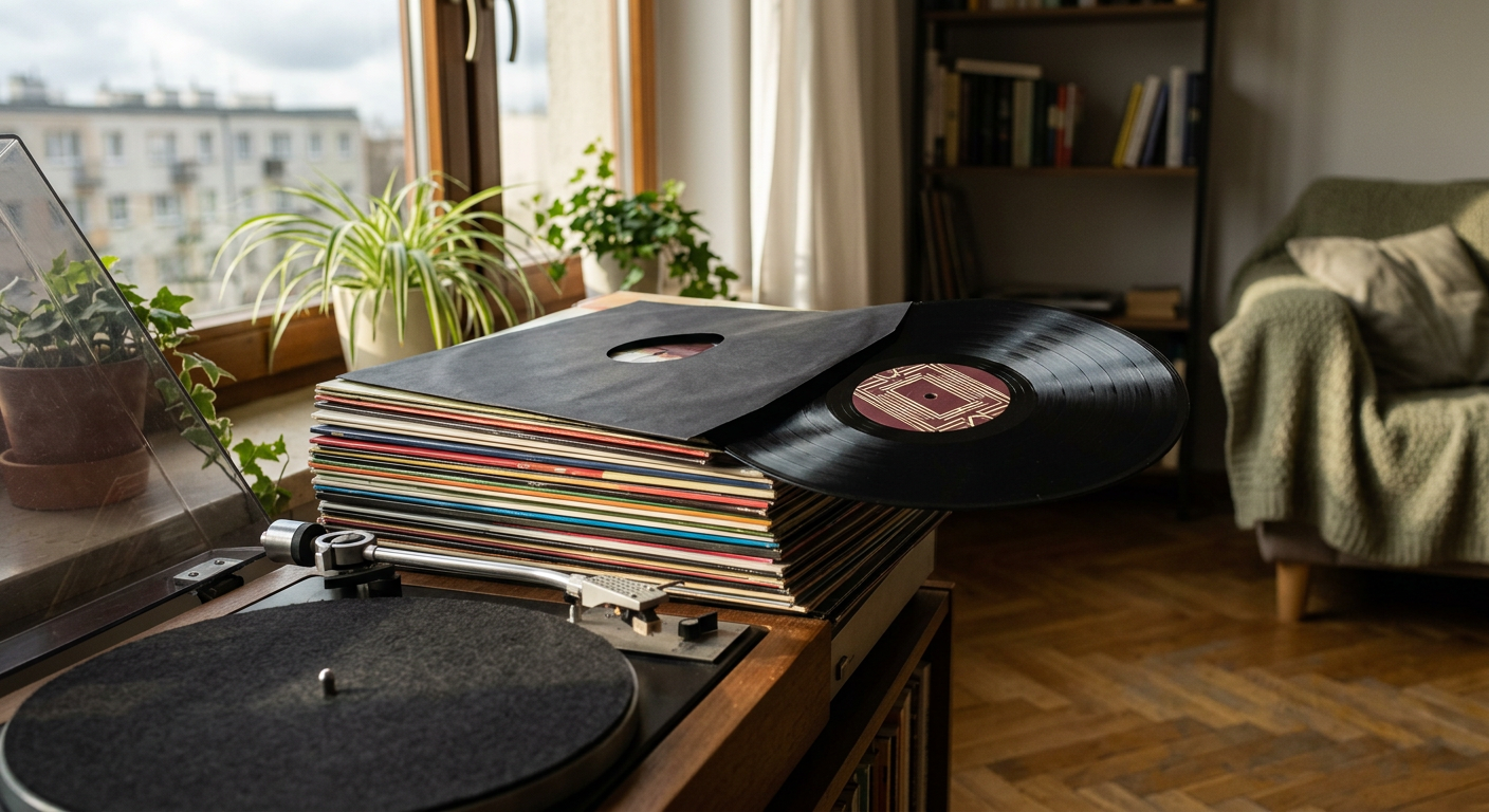 The image shows a close-up of a hand placing a vinyl record on a turntable, with a blurred background of other records.