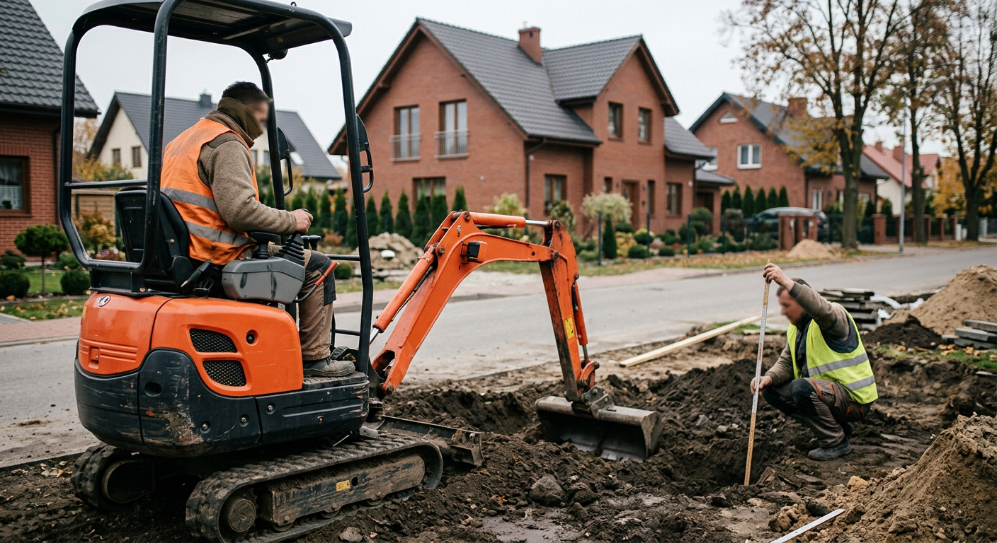 The image shows a construction site with a large excavator and a pile of gravel, suggesting ground preparation for paving.